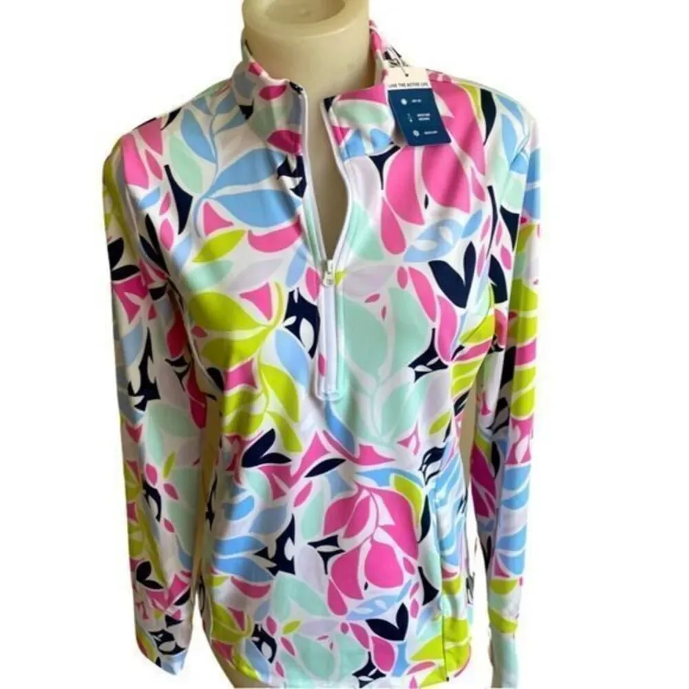 Tommy Bahama Performance Quarter Zip Top - S pink blue floral , poly spandex